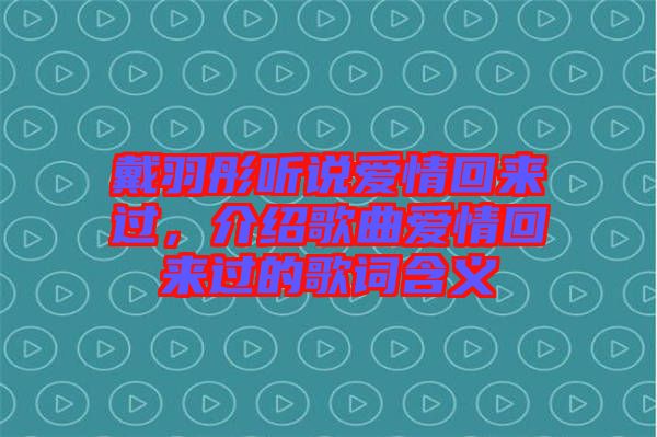 戴羽彤聽說愛情回來過，介紹歌曲愛情回來過的歌詞含義